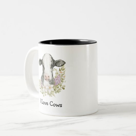 Cute Floral Black Koe Two-Tone Koffee Mok (Voorkant links)