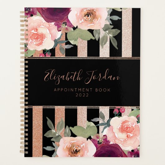 Cute Floral Black Roos Gold Glitter Planner (Voorkant)