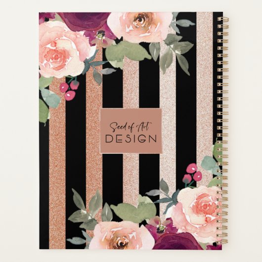 Cute Floral Black Roos Gold Glitter Planner (Achterkant)