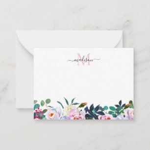 Cute Floral Blush Pink Peony Botanical Monogram Notitiekaartje