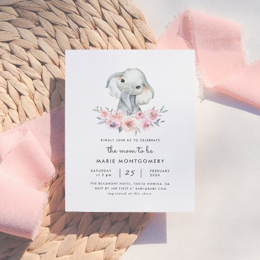 Cute Floral Bouquet Elephant Baby Girl Baby shower Uitnodiging Briefkaart