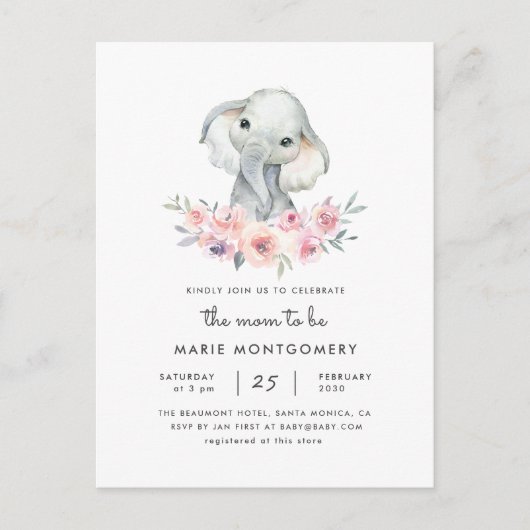 Cute Floral Bouquet Elephant Baby Girl Baby shower Uitnodiging Briefkaart (Voorkant)