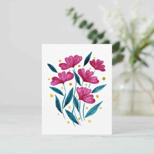 Cute floral bouquet - magenta en blauwgroen feestdagenkaart (Staand voorkant)