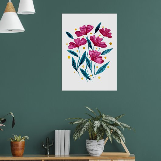 Cute floral bouquet - magenta en blauwgroen poster (Woonkamer 1)