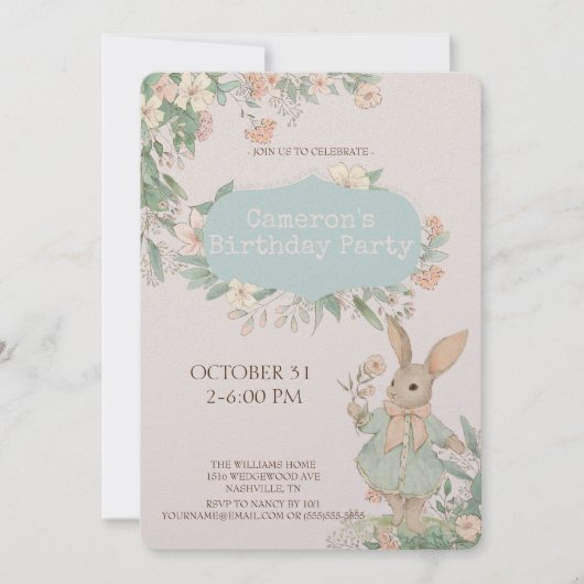 Cute Floral Bunny Birthday Uitnodiging (Voorkant)