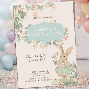 Cute Floral Bunny Birthday Uitnodiging