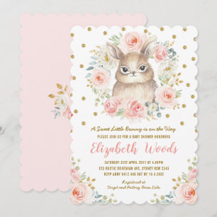 Cute Floral Bunny Girl Baby shower Blush Pink Gold Kaart