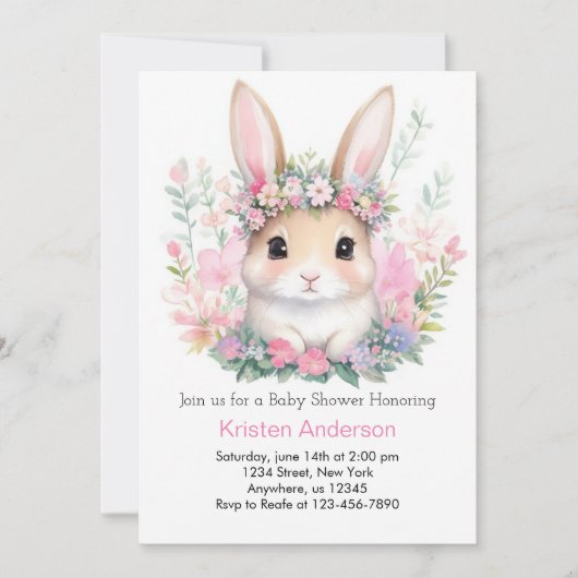 Cute Floral Bunny Girl Baby shower Kaart (Voorkant)