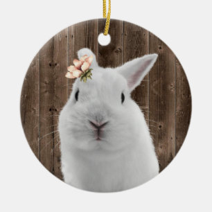 Cute Floral Bunny White Rabbit Barn Wood Keramisch Ornament