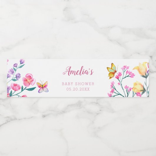 Cute Floral Butterfly Garden Baby shower Waterfles Etiket (Enkel label)
