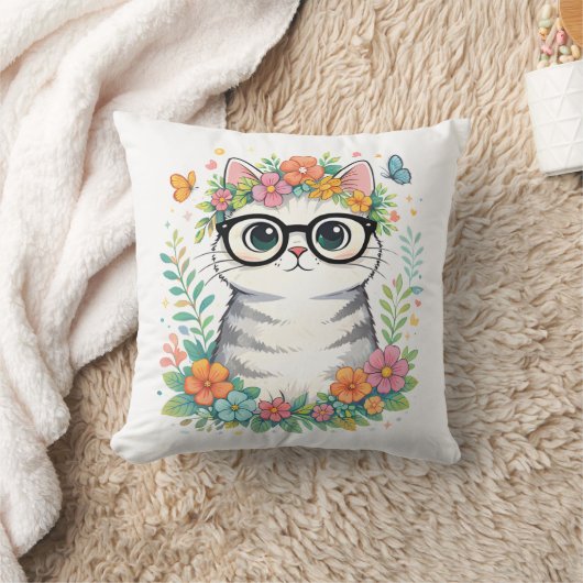 Cute Floral Cat with Glasses Kussen (Deken)