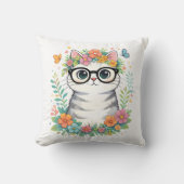Cute Floral Cat with Glasses Kussen (Voorkant)