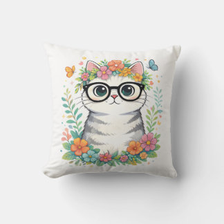 Cute Floral Cat with Glasses Kussen
