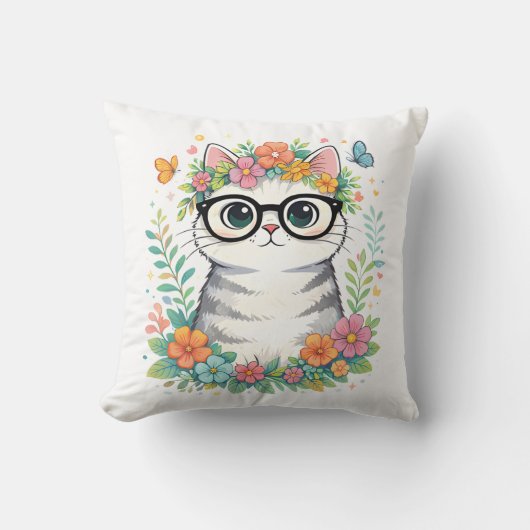 Cute Floral Cat with Glasses Kussen (Voorkant)