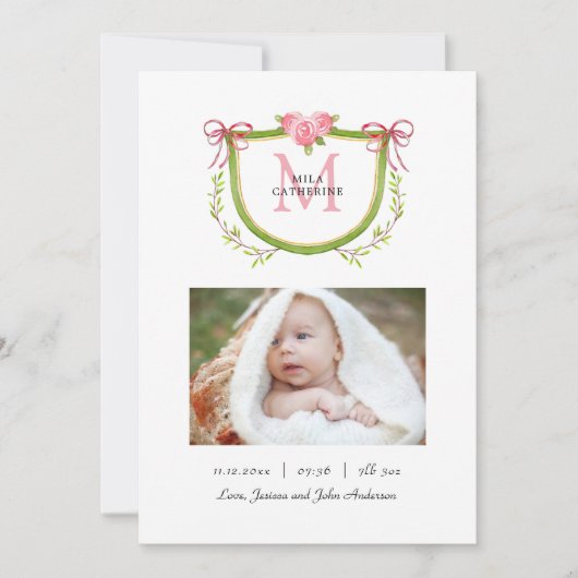 Cute Floral Crest met Monogram Baby girl Birth Aankondiging (Voorkant)