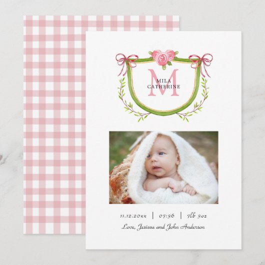 Cute Floral Crest met Monogram Baby girl Birth Aankondiging (Voorkant / Achterkant)