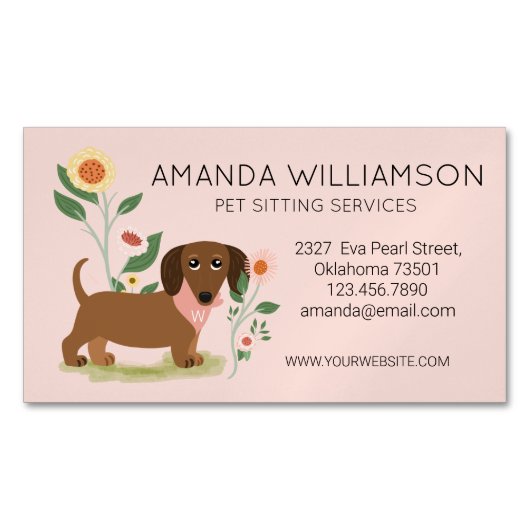 Cute Floral Dachshund Dog Pet Care Magnetisch Visitekaartje (Voorkant)