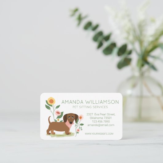 Cute Floral Dachshund Dog Pet Care Visitekaartje (Staand voorkant)