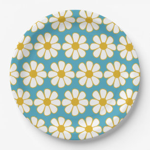 Cute Floral Daisy Pattern Mustard and Blue Papieren Bordje