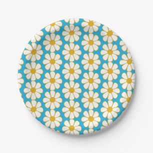Cute Floral Daisy Pattern Mustard and Blue Papieren Bordje