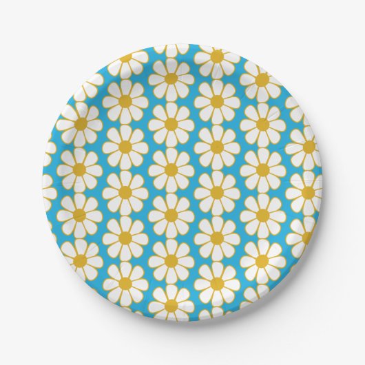 Cute Floral Daisy Pattern Mustard and Blue Papieren Bordje (Voorkant)