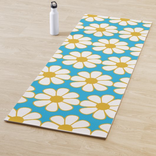Cute Floral Daisy Pattern Mustard and Blue Yogamat (In situ)