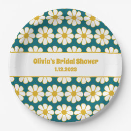 Cute Floral Daisy Pattern Mustard en Blauwgroen Bl Papieren Bordje