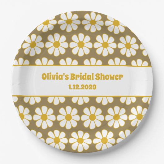 Cute Floral Daisy Pattern Mustard en Brown Papieren Bordje (Voorkant)