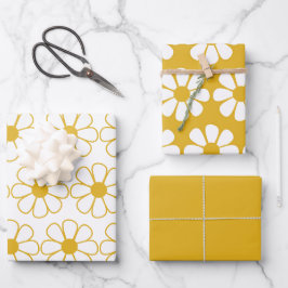 Cute Floral Daisy Pattern Mustard Gold en White Inpakpapier Vel