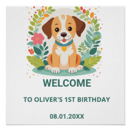Cute Floral Dog Puppy Baby Boys Birthday Welcome Perfect Poster