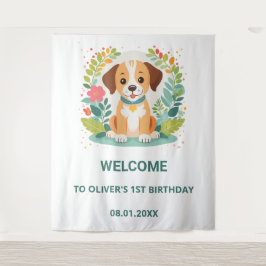 Cute Floral Dog Puppy Baby Boys Birthday Welcome Wandkleed