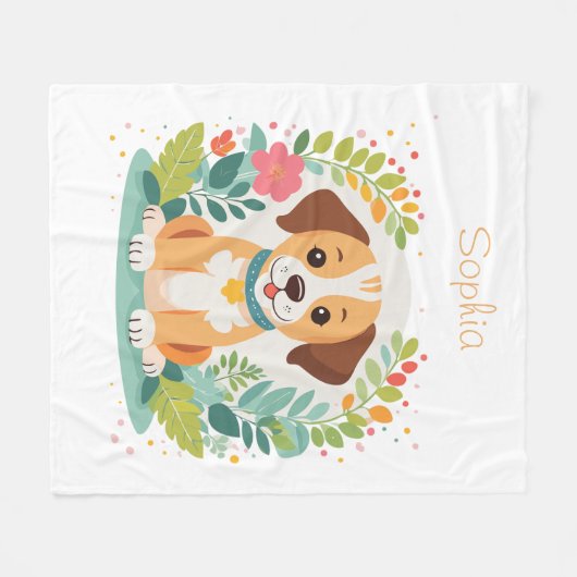 Cute Floral Dog Puppy  Fleece Deken (Voorkant (Horizontaal))
