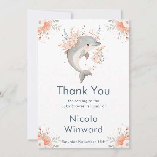Cute Floral Dolphin Baby Shower  Bedankkaart (Voorkant)