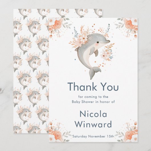 Cute Floral Dolphin Baby Shower  Bedankkaart (Voorkant / Achterkant)