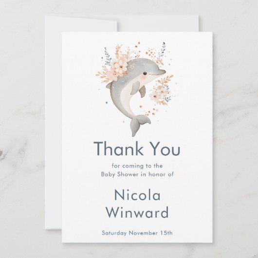 Cute Floral Dolphin Baby Shower  Bedankkaart (Voorkant)