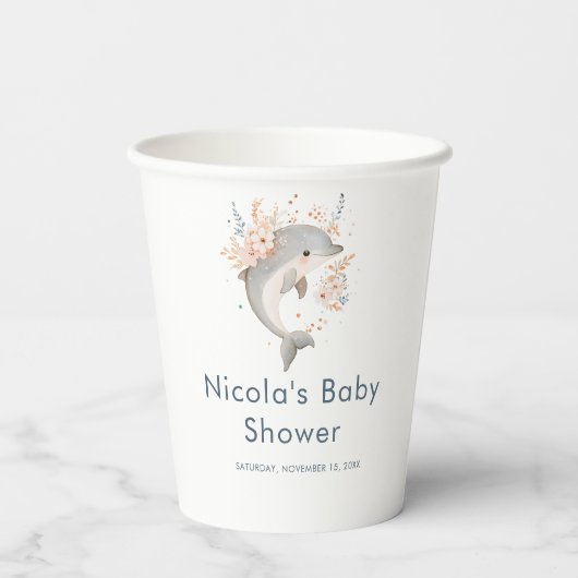 Cute Floral Dolphin Baby Shower Papieren Bekers (Achterkant)