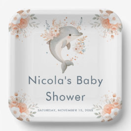 Cute Floral Dolphin Baby Shower Papieren Bordje
