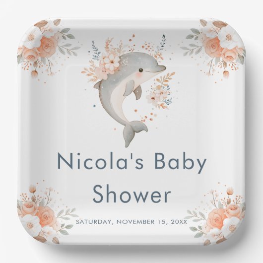 Cute Floral Dolphin  Baby Shower Papieren Bordje (Voorkant)