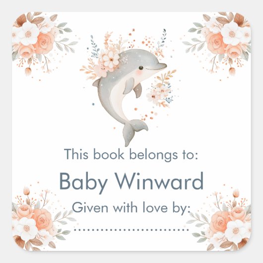 Cute Floral Dolphin Baby Shower Vierkante Sticker (Voorkant)