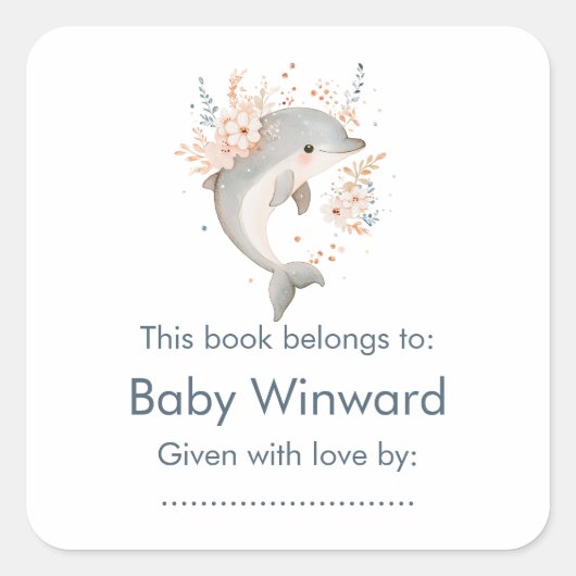 Cute Floral Dolphin Baby Shower Vierkante Sticker (Voorkant)