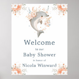 Cute Floral Dolphin Baby Shower Welcome Poster