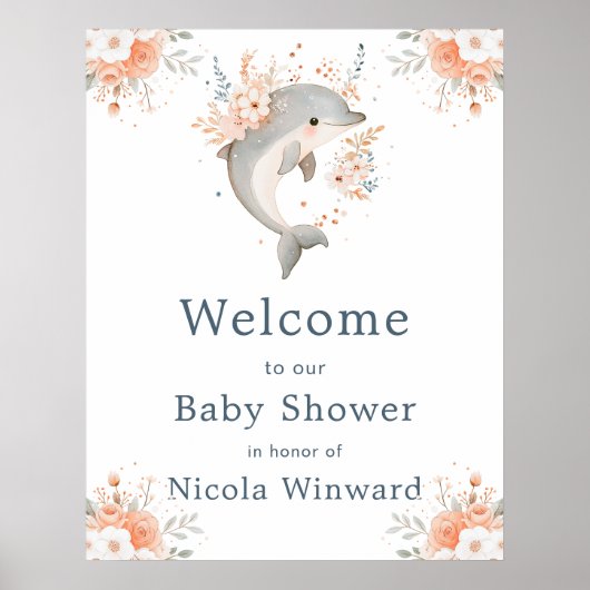 Cute Floral Dolphin Baby Shower Welcome Poster (Voorkant)