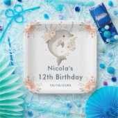 Cute Floral Dolphin Birthday Party Papieren Bordje (Feest)