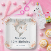 Cute Floral Dolphin Birthday Party Papieren Bordje (Feest)
