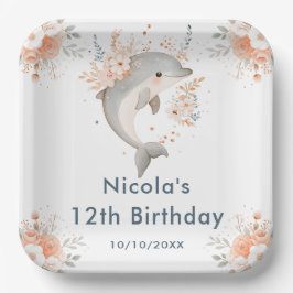 Cute Floral Dolphin Birthday Party Papieren Bordje