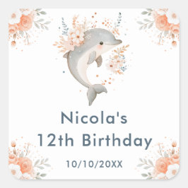 Cute Floral Dolphin Birthday Party Vierkante Sticker