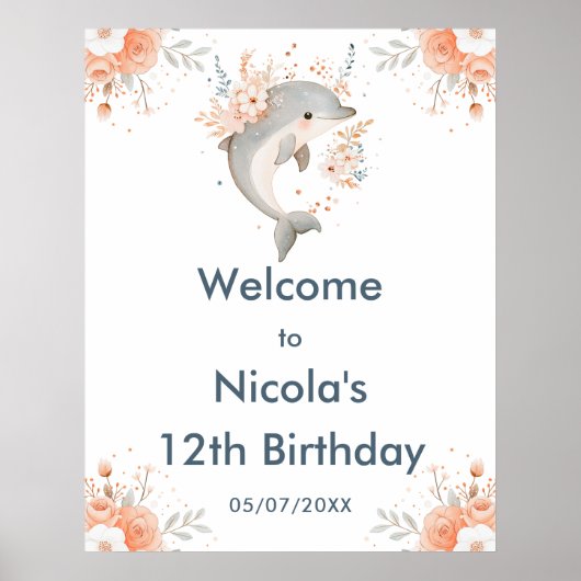 Cute Floral Dolphin Birthday Party Welcome Poster (Voorkant)