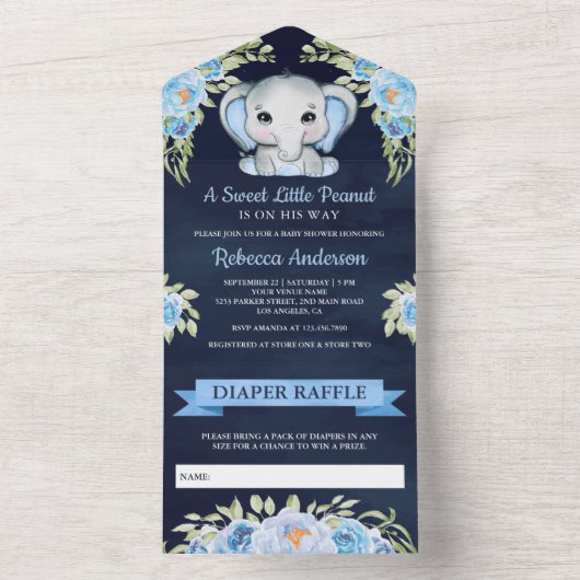 Cute Floral Elephant Navy Blue Baby shower All In One Uitnodiging (Binnen)