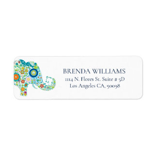 Cute Floral Elephant On White Blue Typography Etiket