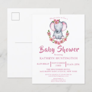 Cute Floral Elephant Pink Baby shower Invitation P Uitnodiging Briefkaart